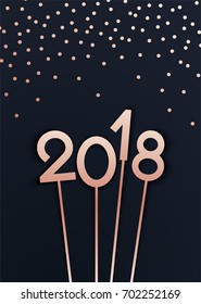 2018 new year. Rose gold number topper. Vector dark background with confetti