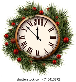 2018 New Year round clock with fir branches. Vector illustration.