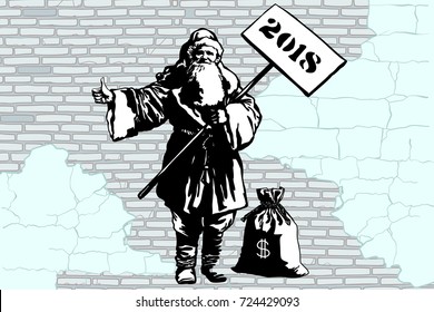 2018 new year Santa Claus hitchhiker with a bag of money, graffiti style. New year and Christmas. Pop art retro vector illustration. Old city brick wall background.