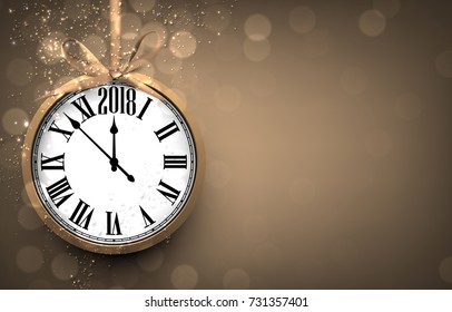 2018 New Year sepia background with clock. Vector illustration.