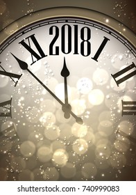 2018 New Year sepia background with clock. Vector illustration.