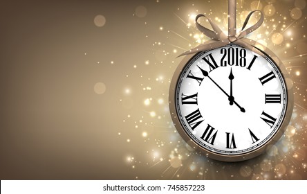 2018 New Year sepia background with clock. Vector illustration.