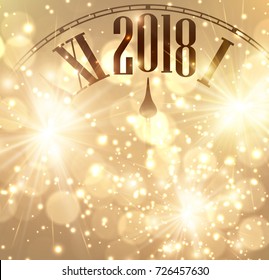 2018 New Year shining background with clock. Vector illustration.