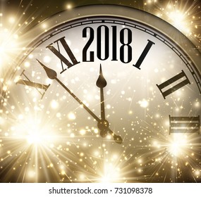 2018 New Year shining background with clock. Vector illustration.