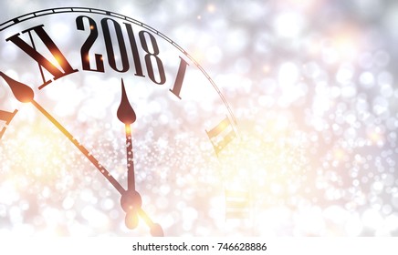 2018 New Year shining background with clock. Vector illustration.
