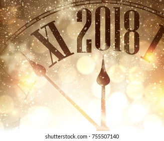 2018 New Year shining background with clock. Vector illustration.