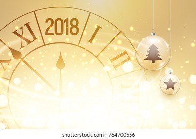 2018 new year shining background with clock and glass balls. Happy new year 2018 celebration decoration poster, festive card template.