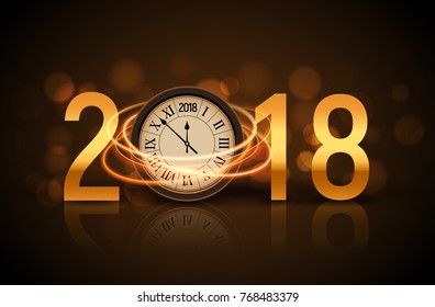 2018 new year shining background with clock. Happy new year 2018 celebration decoration poster, festive card template.