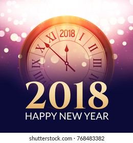 2018 new year shining background with clock. Happy new year 2018 celebration decoration poster, festive card template.
