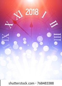2018 new year shining background with clock and glass balls. Happy new year 2018 celebration decoration poster, festive card template.