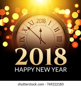 2018 new year shining background with clock. Happy new year 2018 celebration decoration poster, festive card template