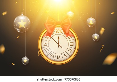 2018 new year shining background with clock. Happy new year 2018 celebration decoration golden balls poster, festive card template.