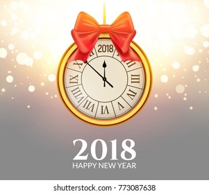 2018 new year shining background with clock. Happy new year 2018 celebration decoration golden balls poster, festive card template.