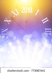 2018 new year shining background with clock and glass balls. Happy new year 2018 celebration decoration poster, festive card template.