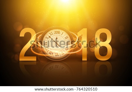 2018 new year shining background with clock. Happy new year 2018 celebration decoration poster, festive card template.