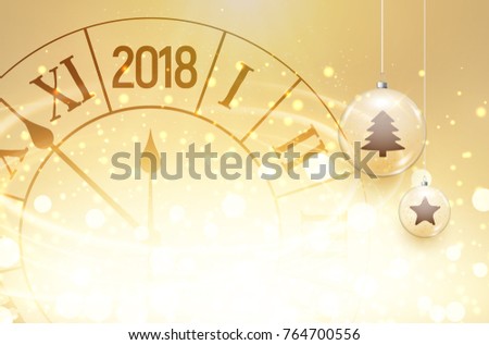 2018 new year shining background with clock and glass balls. Happy new year 2018 celebration decoration poster, festive card template.