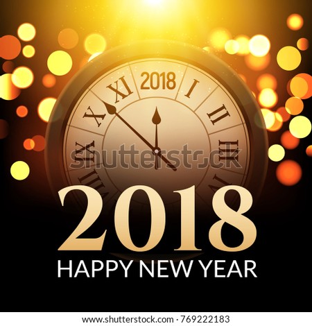 2018 new year shining background with clock. Happy new year 2018 celebration decoration poster, festive card template