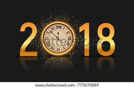 2018 new year shining background with clock. Happy new year 2018 celebration decoration poster, festive card template.