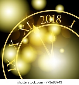 2018 New Year shining banner with clock. Vector illustration.