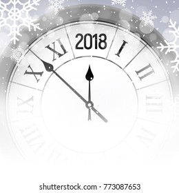 2018 new year shining snow background with clock. Happy new year 2018 celebration decoration poster, festive card template.