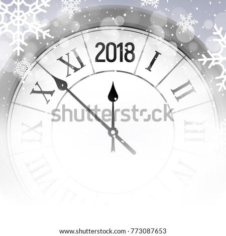 2018 new year shining snow background with clock. Happy new year 2018 celebration decoration poster, festive card template.