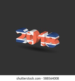 2018 New Year sign with United Kingdom flag texture with shadow on white
