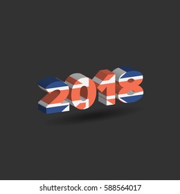 2018 New Year sign with United Kingdom flag texture with shadow on white