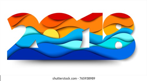 2018 New Year. Sunset or sunrise at the sea. Paper art style. Vector illustration