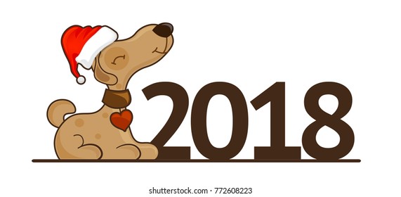 2018 new year symbol logo. Funny dog in santa claus hat.