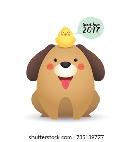 2018 New year template design. Cute cartoon baby chicken with bubble speech " good bye 2017" and dog isolated on white background. Vector illustration.