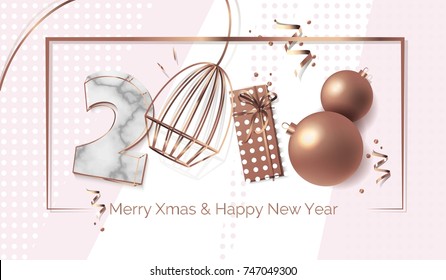 2018 New Year text design.  Trendy poster with copper and marble textures. Vector illustration