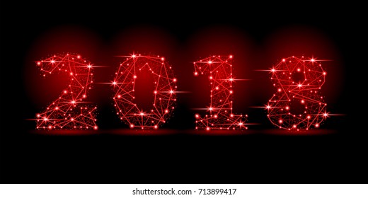 2018 New Year text sparkles light shine for card or web red vector illustration on black background.