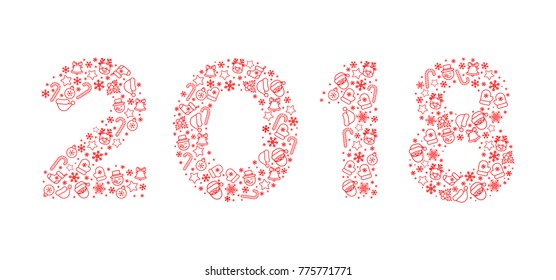 2018 New Year. Vector illustration. 2018 composed of New Year and Christmas symbols. Isolated on white