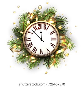 2018 New Year white background with clock. Vector illustration.