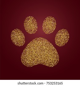 2018 New year of yellow dog with golden glitter vector paw , template for calendar, poster, banner, greeting card