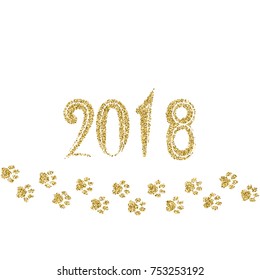 2018 New year of yellow dog with golden glitter vector paw , template for calendar, poster, banner, greeting card