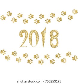 2018 New year of yellow dog with golden glitter vector paw , template for calendar, poster, banner, greeting card