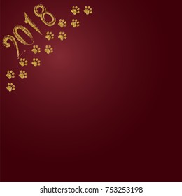 2018 New year of yellow dog with golden glitter vector paw , template for calendar, poster, banner, greeting card