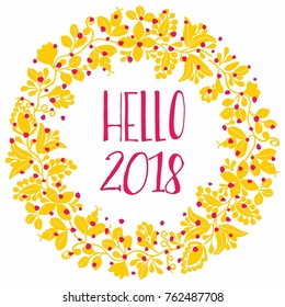 2018 New Year yellow vector wreath isolated on white background