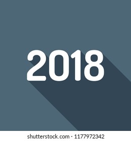 2018 number icon. Happy New Year. White flat icon with long shadow on background