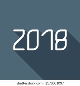 2018 number icon. Happy New Year. White flat icon with long shadow on background