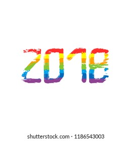 2018 number icon. Happy New Year. Drawing sign with LGBT style, seven colors of rainbow (red, orange, yellow, green, blue, indigo, violet
