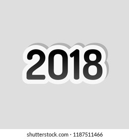 2018 number icon. Happy New Year. Sticker style with white border and simple shadow on gray background