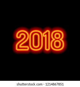 2018 number icon. Happy New Year. Orange neon style on black background. Light icon