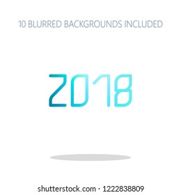 2018 number icon. Happy New Year. Colorful logo concept with simple shadow on white. 10 different blurred backgrounds included