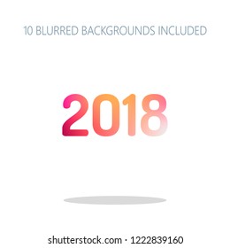 2018 number icon. Happy New Year. Colorful logo concept with simple shadow on white. 10 different blurred backgrounds included
