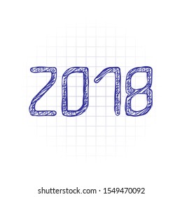 2018 number icon. Happy New Year. Hand drawn sketched picture with scribble fill. Blue ink. Doodle on white background