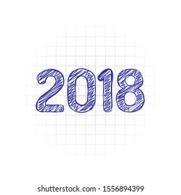 2018 number icon. Happy New Year. Hand drawn sketched picture with scribble fill. Blue ink. Doodle on white background