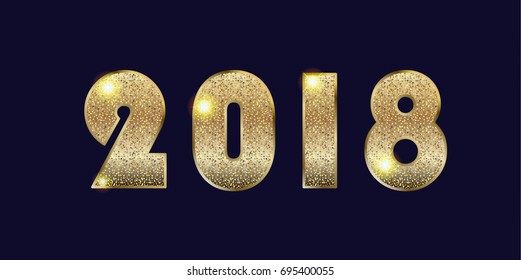 2018 number logo design, gold glitter texture, light effect, shiny sparkles. Vector template for Happy New Year Event, festive background, Holiday decoration
