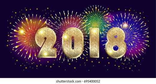 2018 number logo with firework, gold glitter texture, illumination, light effect, shiny sparkles, fireworks festive backgrounds. Vector template Happy New Year Event, celebrate, Holiday decoration.